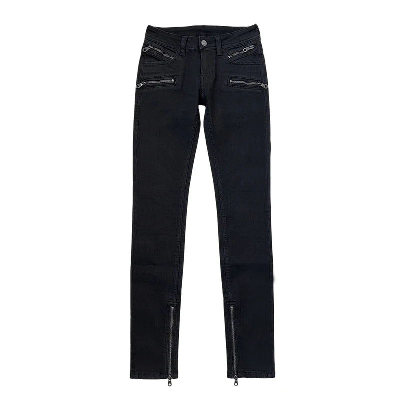 REDDACHiC Women Tight Low Rise Jeans Biker Moto Zipper Cuffs Stretchy Black Split Straight Denim Pants Rokku Gyaru Streetwear