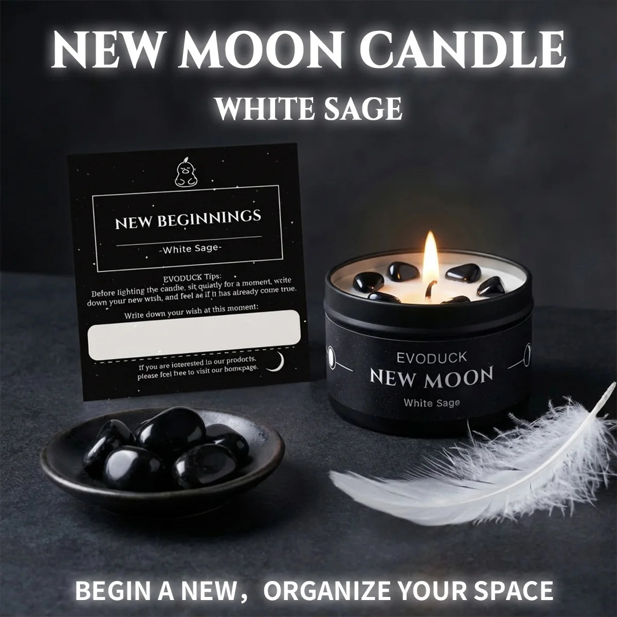 1pc New Moon Scented Candles Crystal Energy Candles 3oz Soy Wax Scented Candle Black Tin with Black Crystal Chips gift for woman