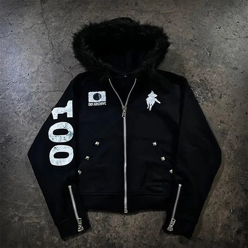 Y2K Spicy girl style plush hooded short zipper sweatshirt Studded white cropped Zip Hoodies personality Sweet Cool Zipper coat