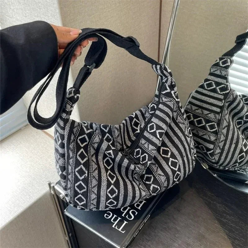 Tribal Style Shoulder Bag, Foldable Crossbody with Zipper Closure, Striped Pattern, Edge Painted Lining
