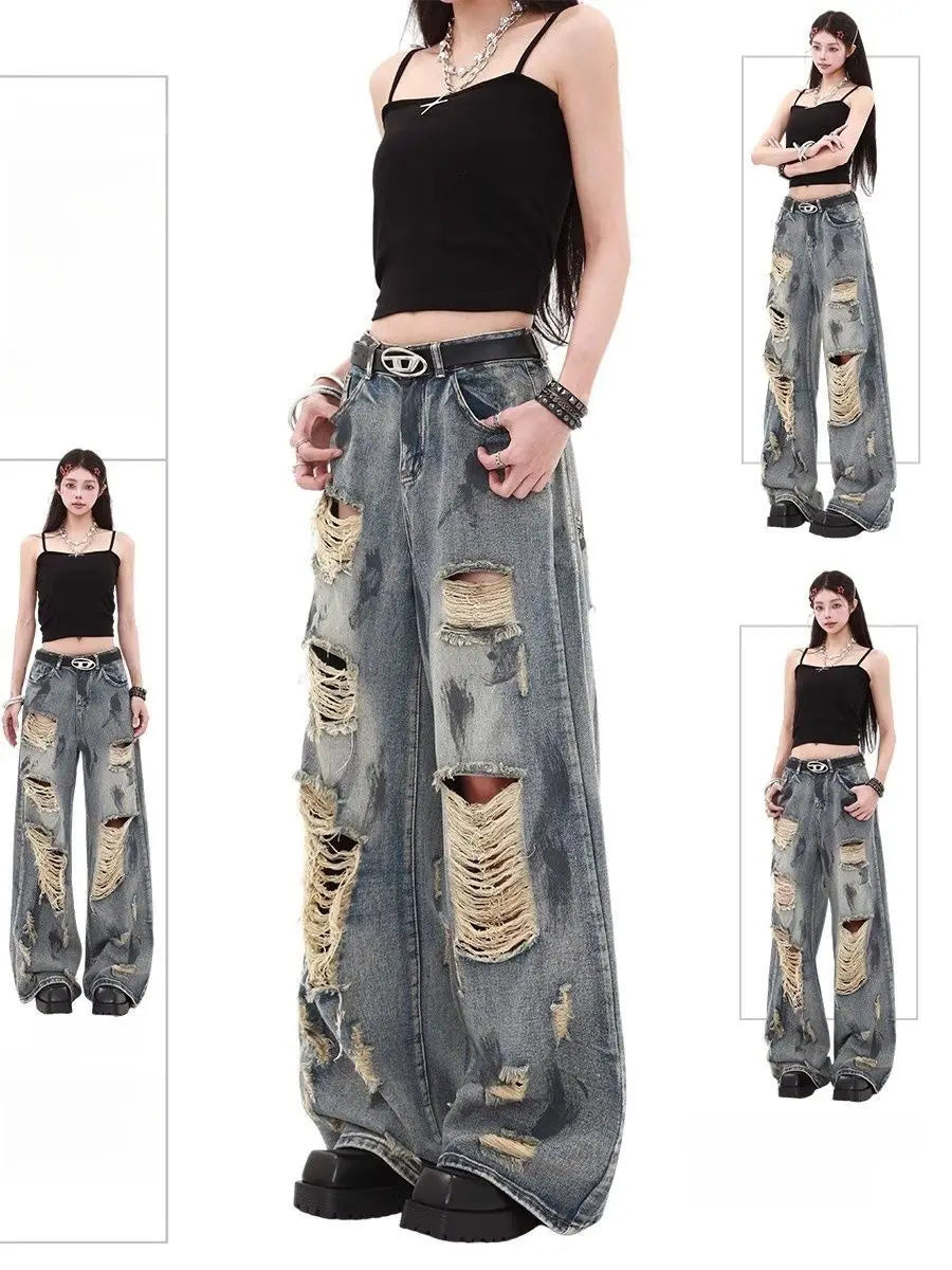 Oversize Blue Ripped Old Hot Girl Y2k American Retro High Waist Fashion Men And Women Hip Hop Straight Loose Wide Legs Jeans