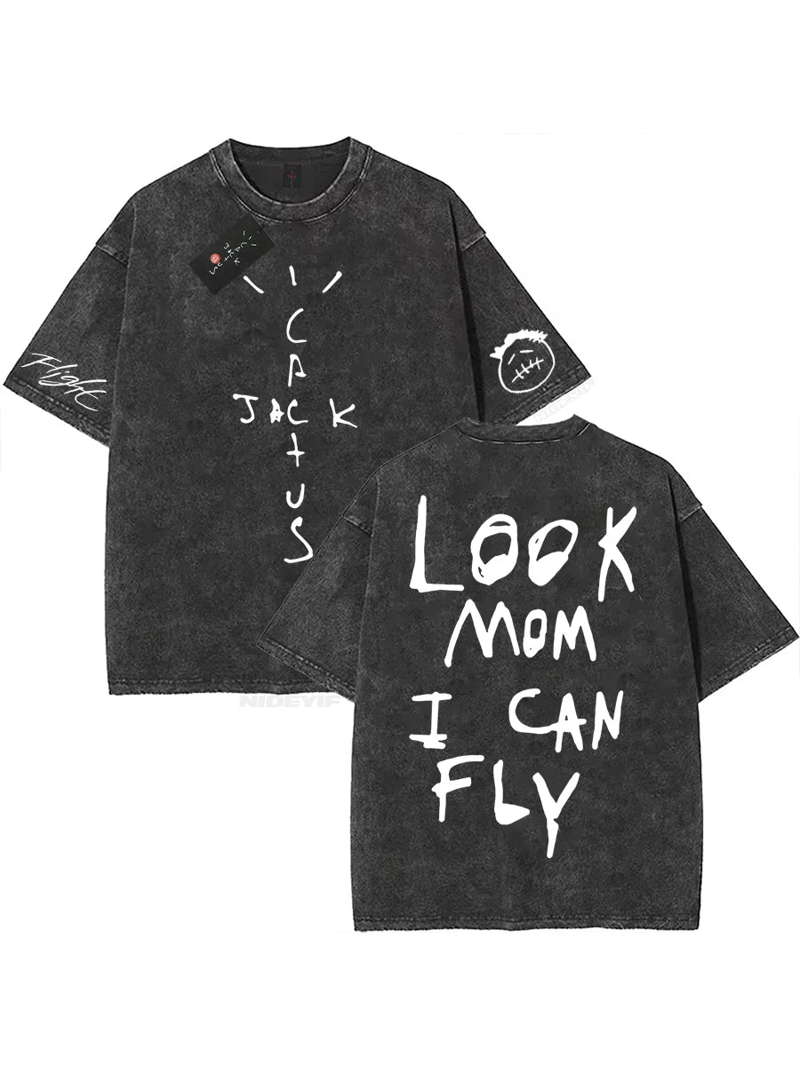 100% Cotton Oversized T Shirt For Men Women HipHop Washed T Shirts cactus jack Short Sleeve Gift Tops look mom i can fly K39