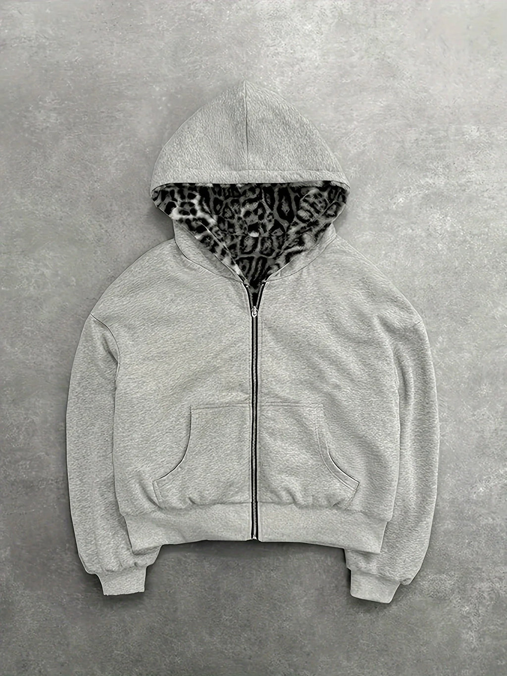 Gray Reversible Zip Up Hoodie with Leopard Print Lining Oversized Streetwear Y2K Casual Hooded Jacket Daily Wear All Season Swea