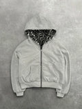 Gray Reversible Zip Up Hoodie with Leopard Print Lining Oversized Streetwear Y2K Casual Hooded Jacket Daily Wear All Season Swea