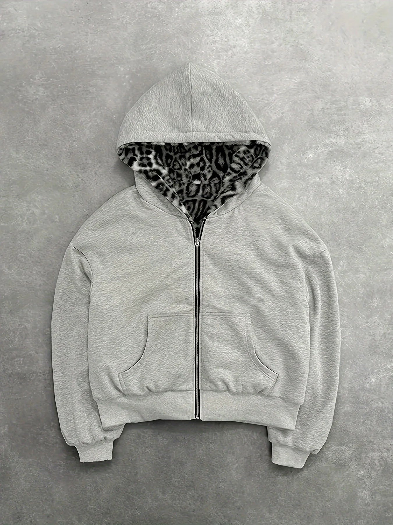 Gray Reversible Zip Up Hoodie with Leopard Print Lining Oversized Streetwear Y2K Casual Hooded Jacket Daily Wear All Season Swea