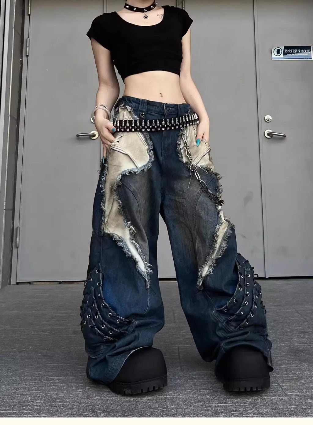 Vintage Patchwork Distressed Jeans Hip Hop Loose Wide Leg Cargo Pants Women's Washed Distressed Denim Trousers