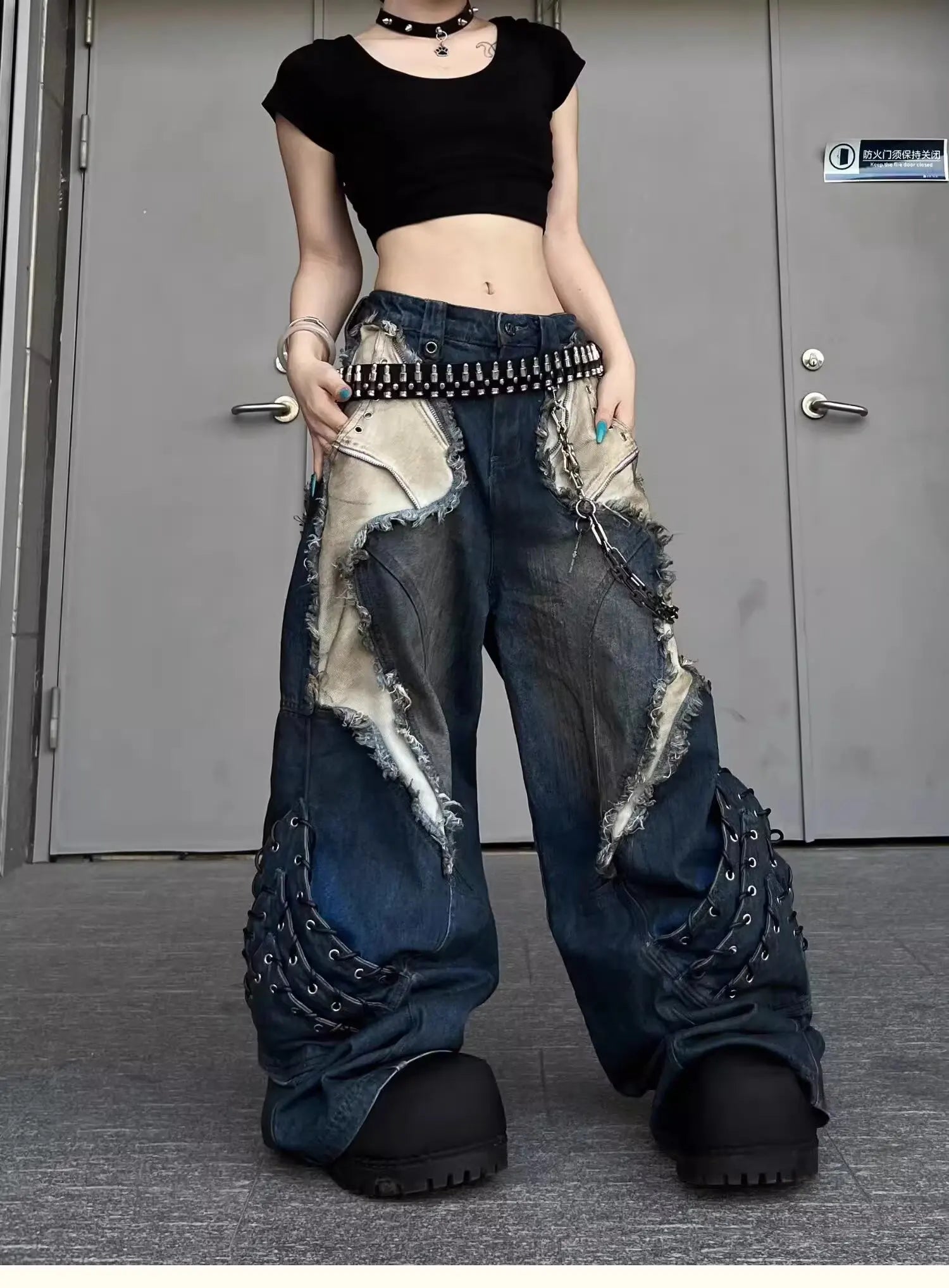 Vintage Patchwork Distressed Jeans Hip Hop Loose Wide Leg Cargo Pants Women's Washed Distressed Denim Trousers