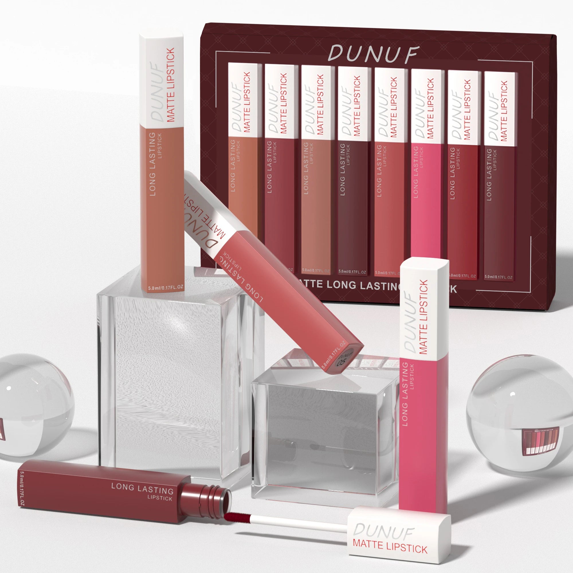 8pc/set Long-Lasting Lip Gloss Matte Waterproof Lipstick Lip Stain Non-transfer Highly Pigmented Nude Red Y2K Daily&Party Makeup