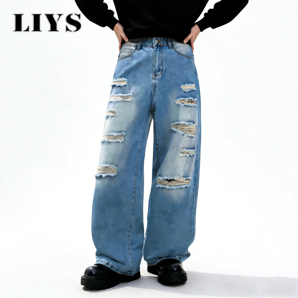 American Street Retro Men's Black Baggy Wide Leg Ripped Jeans Gothic Tear Style Unisex Loose Straight Leg Denim Pants Clothes