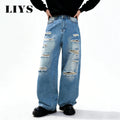 American Street Retro Men's Black Baggy Wide Leg Ripped Jeans Gothic Tear Style Unisex Loose Straight Leg Denim Pants Clothes