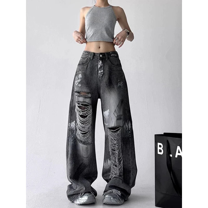 ZHIZOU Summer Women Jean Baggy Wide Fit Ripped Denim Pants Grunge Punk Y2K Hole Japanese Harajuku 2000s American Retro Boyfriend