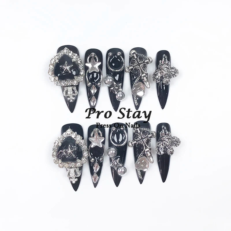 10pcs Dark black Y2k Hot Girl Handmade Press On Nails Sweet Cool  With Diamond Metal Decoration Wearable Artificial False Nail