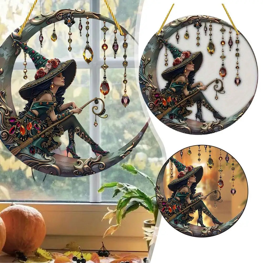 8x8 inch Charming Moonlight Witch Acrylic Stained Glass Window Hanging Sun Catcher Decor Stained Panel Hangings Wall Art Decor
