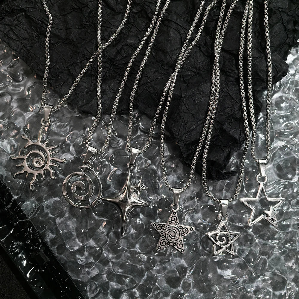 Y2K Star & Sun Spiral Pendant Necklace Silver Tone Minimalist Layered Necklaces for Women Daily Wear