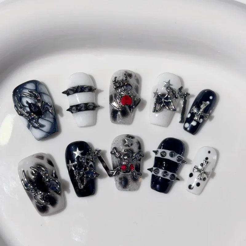 New 10pcs Handmade Gothic Press on Nails Halloween Spider Design Fake Nail Tips Wearable European Heavy Metal Y2k False Nails