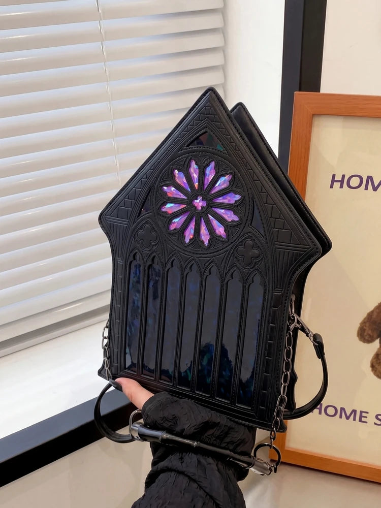 Niche Gothic Chapel Handbag for Women Unique Stained Glass Cathedral Tote Bag Bamboo Crossbody Bag for Dark Grunge Aesthetic