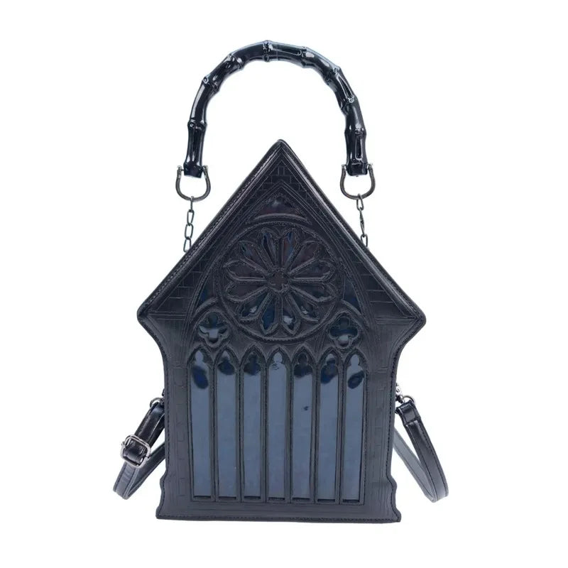 Niche Gothic Chapel Handbag for Women Unique Stained Glass Cathedral Tote Bag Bamboo Crossbody Bag for Dark Grunge Aesthetic