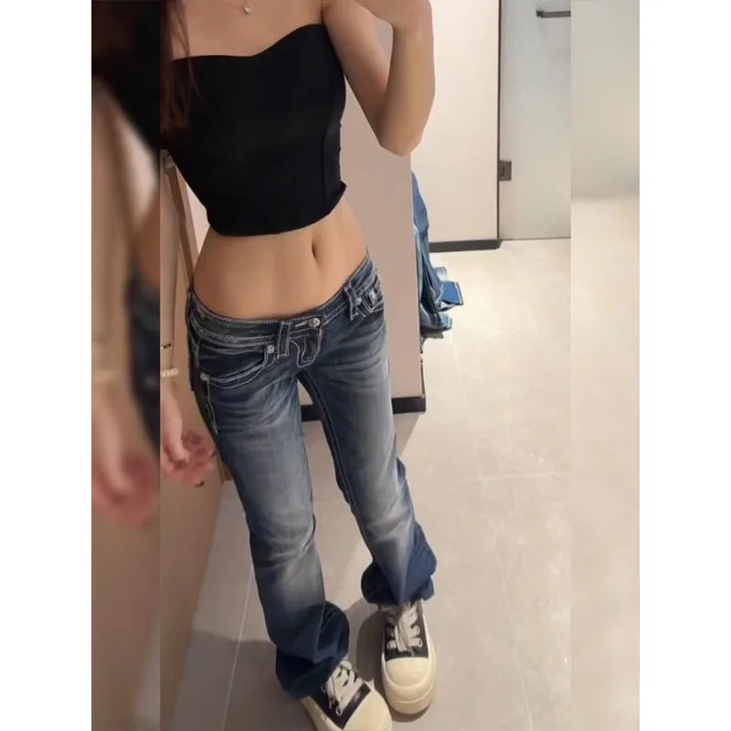 Women's Y2K Gothic Embroidery Hot Diamonds Denim Pants Harajuku Retro Hip Hop Low Waist Jeans Fashion Hot Girl Straight Jeans