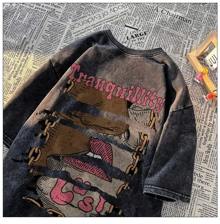 Vintage Washed Black Newspaper Butterfly Print T-Shirt Y2K "Butterfly" Letter Graphic Oversized Tee Casual Short Sleeve Shirt