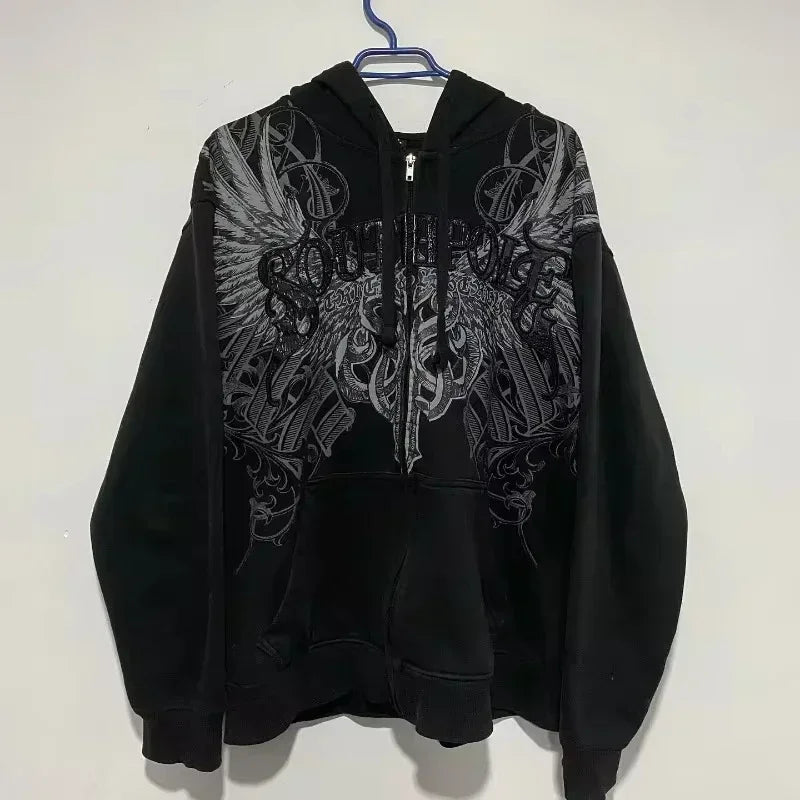 Gothic New Fashion Oversized Pattern Printed Zipper Sweater Men Y2K Vintage Hip Hop Popular Casual Joker Couple Sports Hoodies