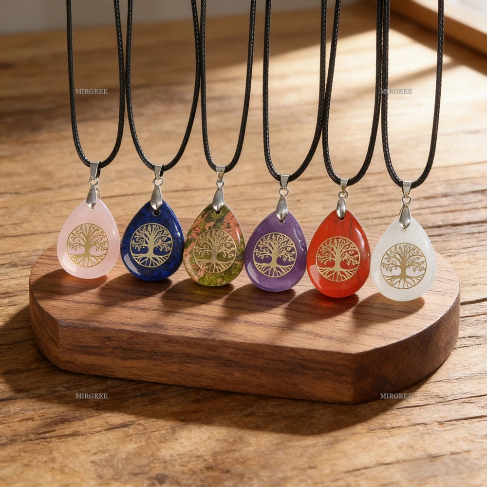 1pc Natural Gemstone Tree of Life Water Drop Pendant Necklace Spiritual Jewelry Birthday and Holiday Gift Jewelry