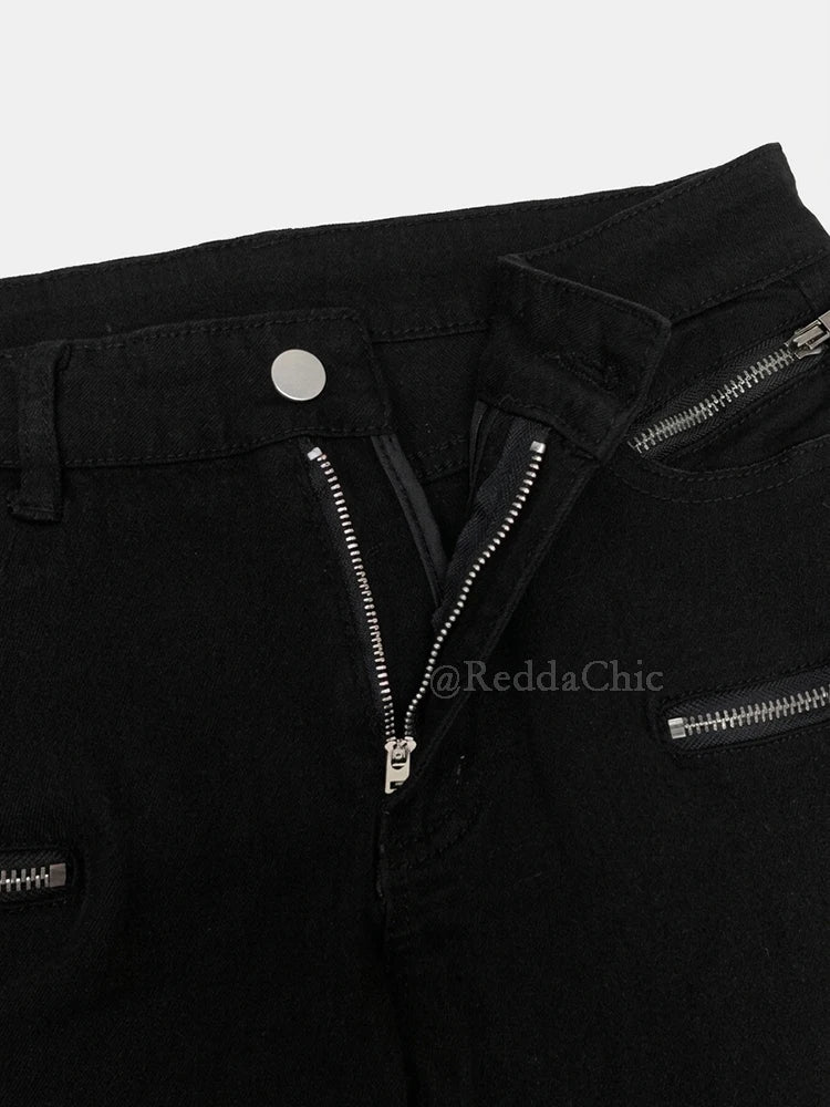 REDDACHiC Women Tight Low Rise Jeans Biker Moto Zipper Cuffs Stretchy Black Split Straight Denim Pants Rokku Gyaru Streetwear