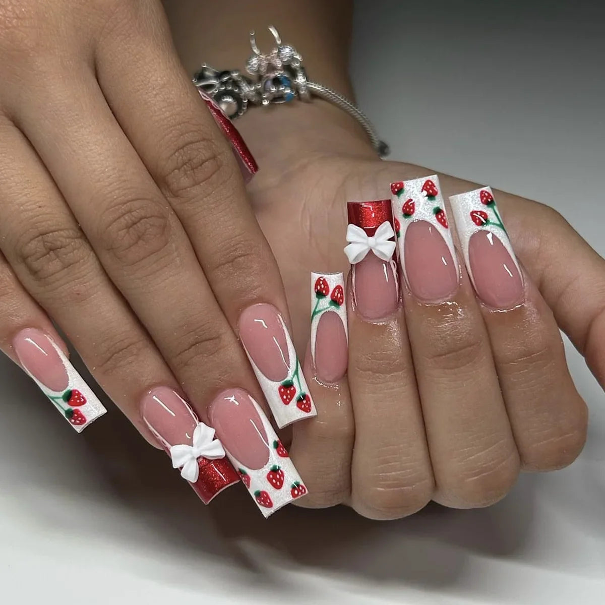 24Pcs Long Coffin French False Nails with Glue Bow Diamond Stick on Press on Acrylic Nails Black Ballerina Nail Art Manicure Tip