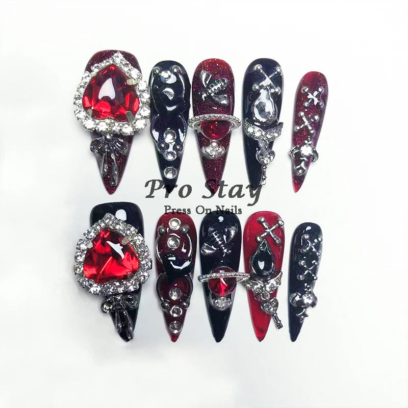 10pcs Dark black Y2k Hot Girl Handmade Press On Nails Sweet Cool  With Diamond Metal Decoration Wearable Artificial False Nail