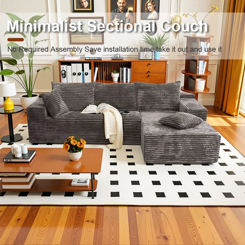 105Inch L-Shaped Living Room Sofa, No Assembly Required, Cozy Corduroy Fabric, Sofa Bed Convertible, Minimalist Deep Seat Design