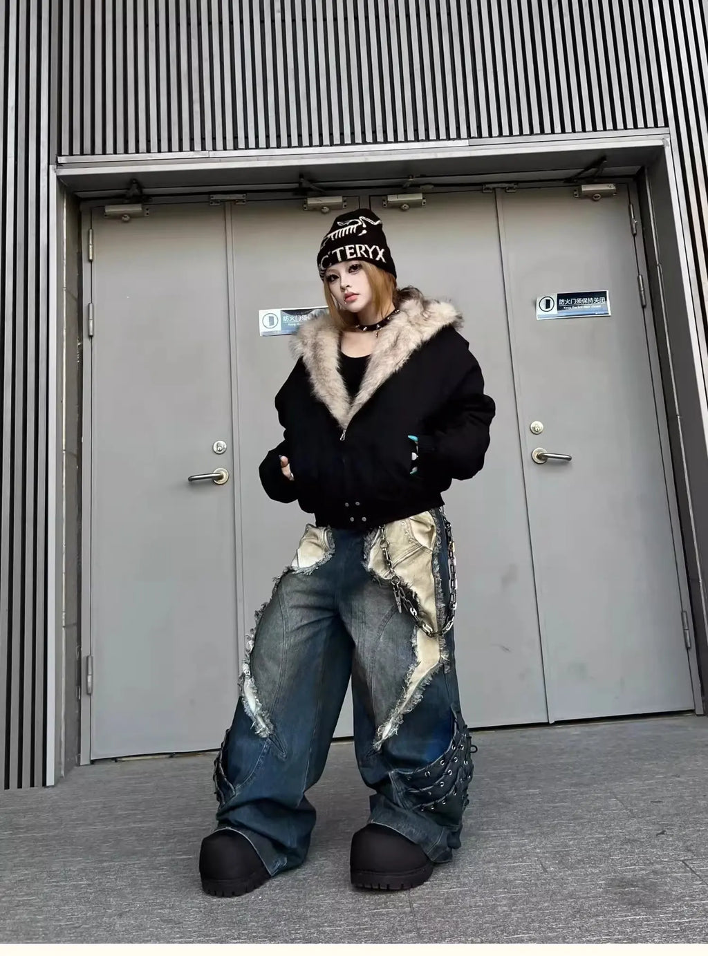 Vintage Patchwork Distressed Jeans Hip Hop Loose Wide Leg Cargo Pants Women's Washed Distressed Denim Trousers