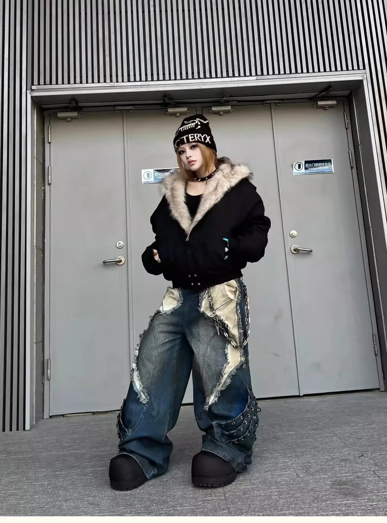 Vintage Patchwork Distressed Jeans Hip Hop Loose Wide Leg Cargo Pants Women's Washed Distressed Denim Trousers