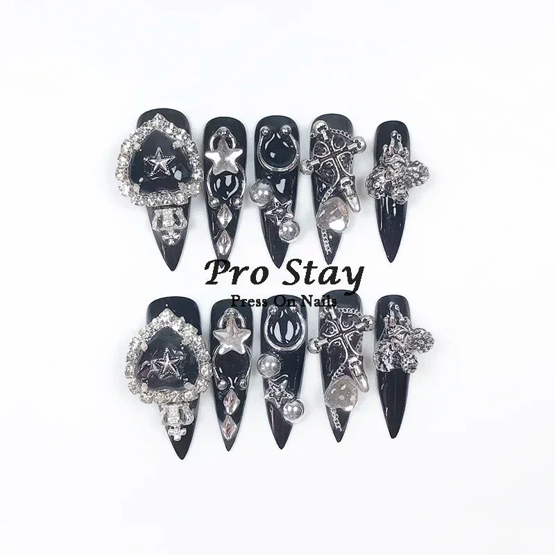 10pcs Dark black Y2k Hot Girl Handmade Press On Nails Sweet Cool  With Diamond Metal Decoration Wearable Artificial False Nail