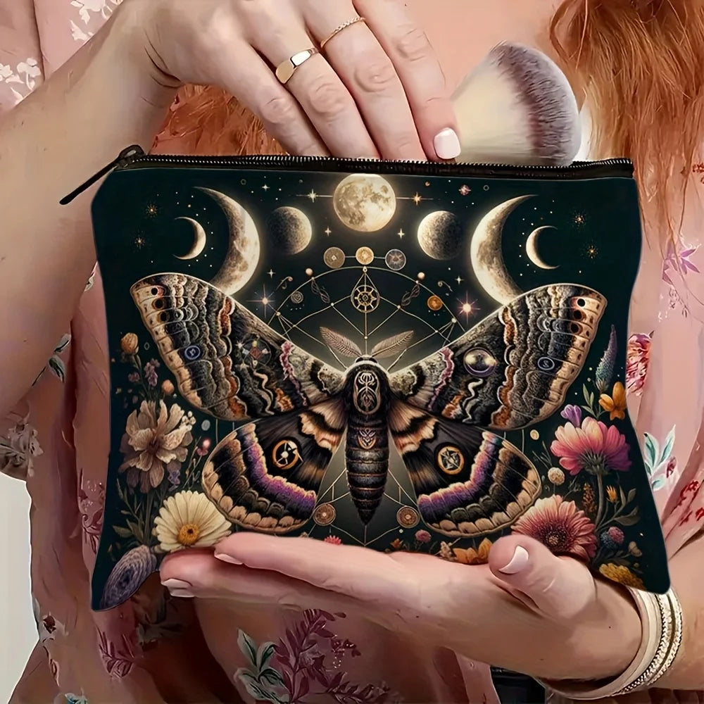 Gothic Moth Witchy Vibes Celestial Makeup Bag Durable Not Fade Zipper Pouch Lightweight Floral Sun and Moon Cosmetic Travel Bag