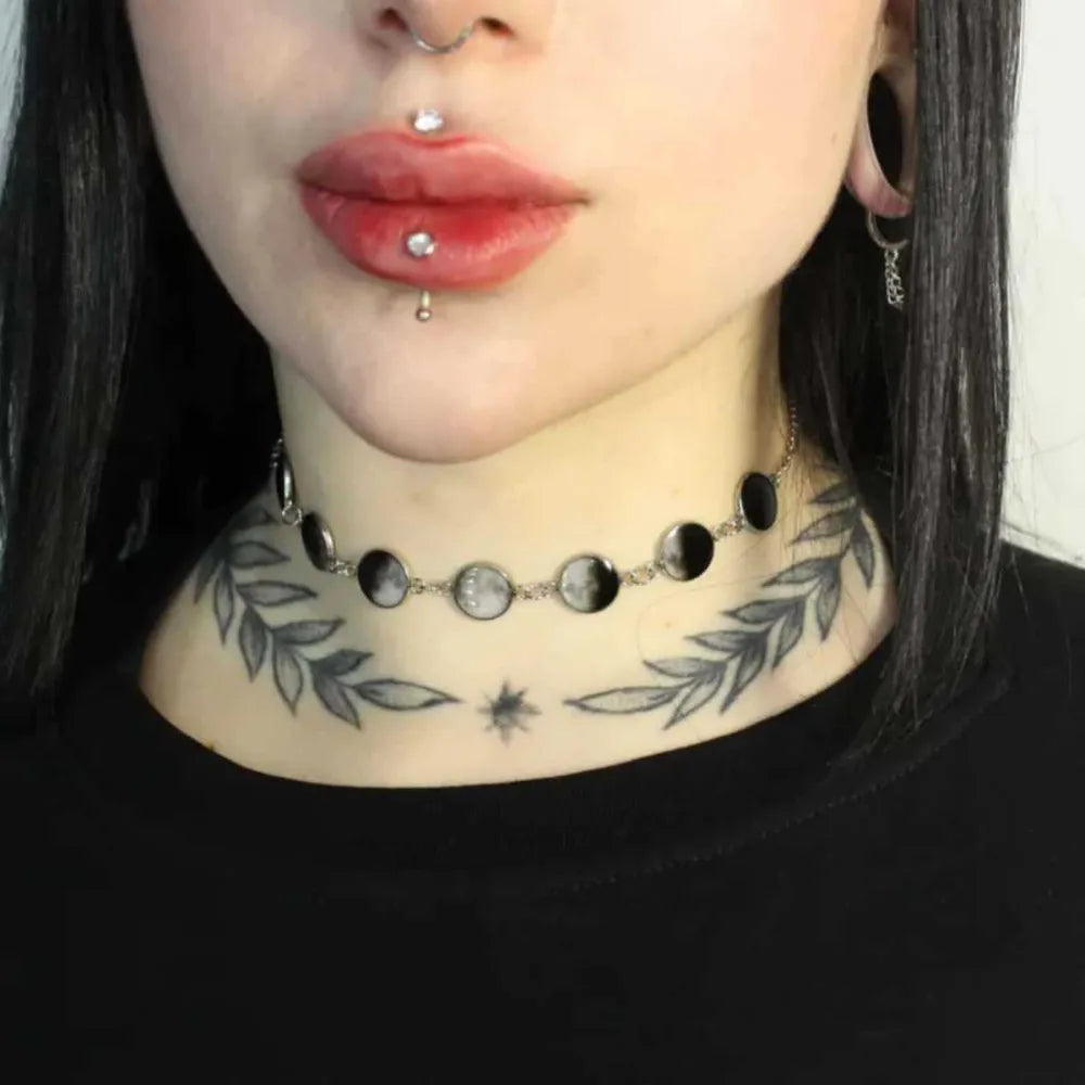 Gothic Y2k Moon Phase Choker Silver Tone Lunar Cycle Celestial Necklace for Women Witchy Wiccan Halloween Party Jewelry Gifts