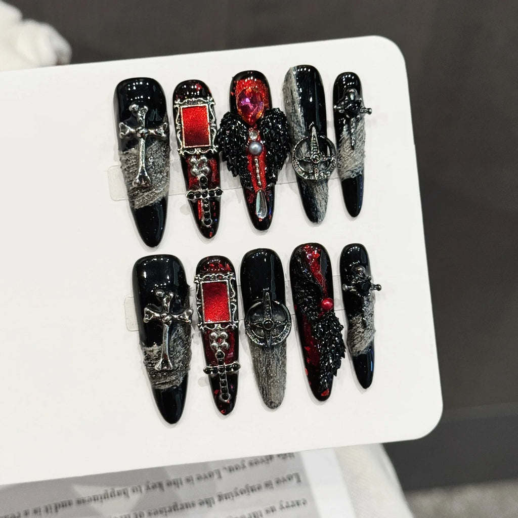 10PCS Stiletto Handmade Press On Nails,Skeleton Cross Heavy Metal Niche Punk,Suitable For Festivals Parties And Daily Wear