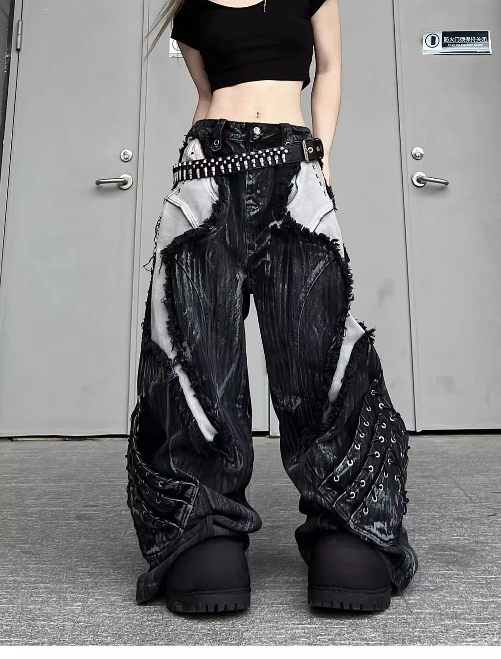 Vintage Patchwork Distressed Jeans Hip Hop Loose Wide Leg Cargo Pants Women's Washed Distressed Denim Trousers