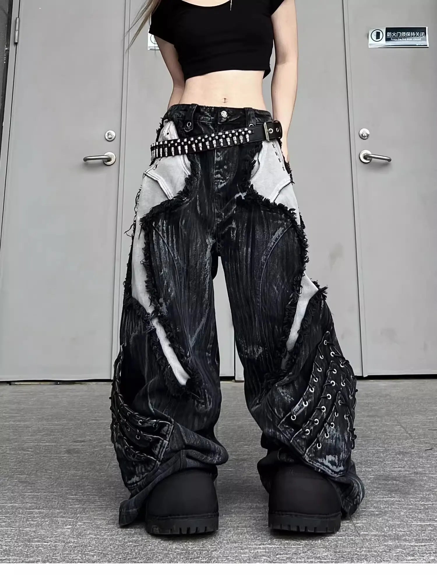 Vintage Patchwork Distressed Jeans Hip Hop Loose Wide Leg Cargo Pants Women's Washed Distressed Denim Trousers