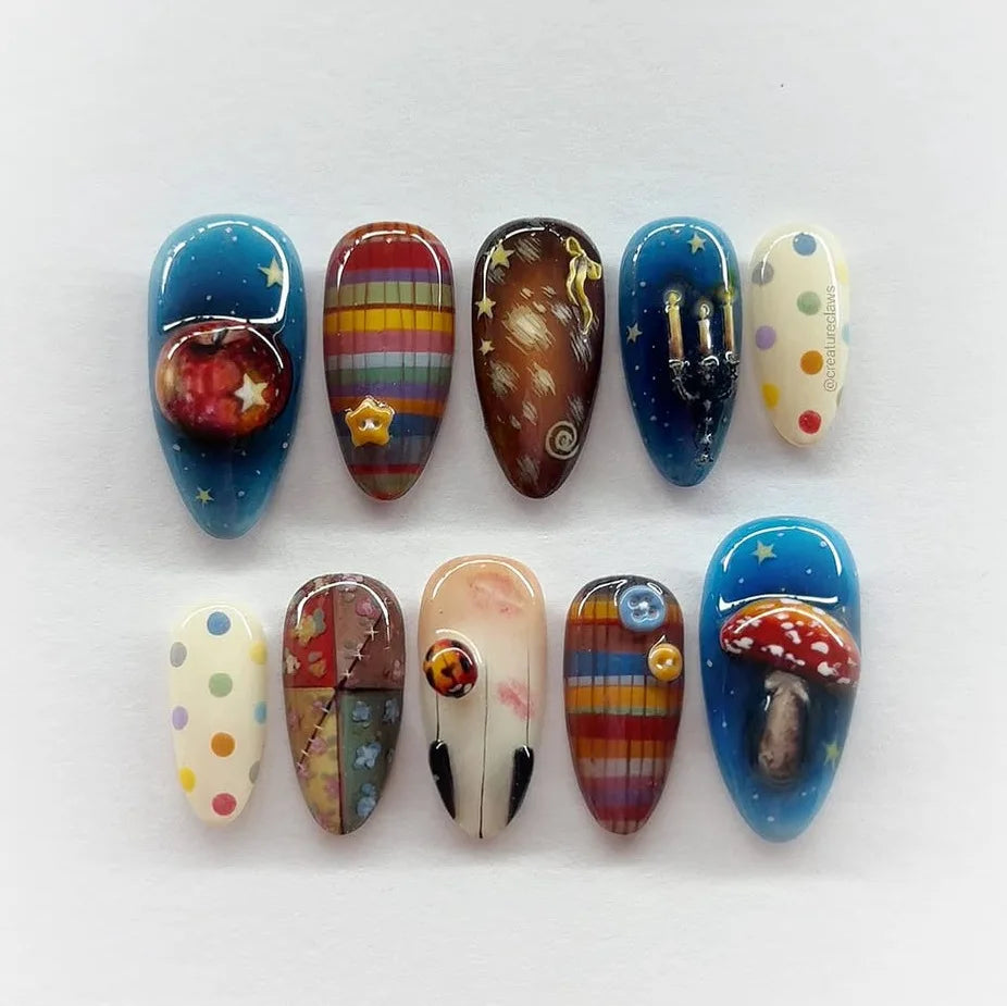 24pcs Vintage Country Style False Nails Cute Cartoon Little Lamb Rabbit Rose Printed Press On Nails Wave Point Bows Fake Nail