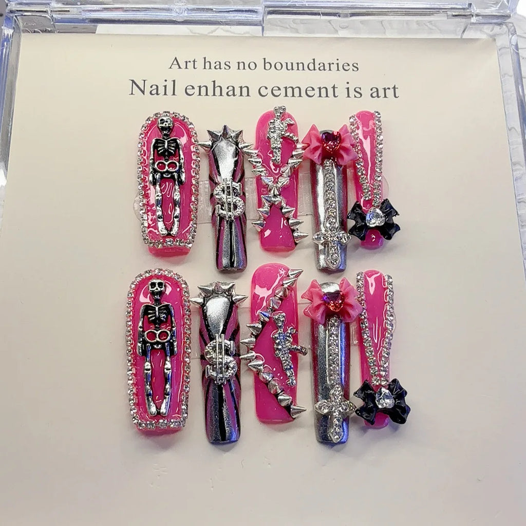 10pcs Handmade Gothic Punk Press on Nails Sweet Cool 3D Meatl Skull Fake Nails Wearable European Rhinestone Design False Nails