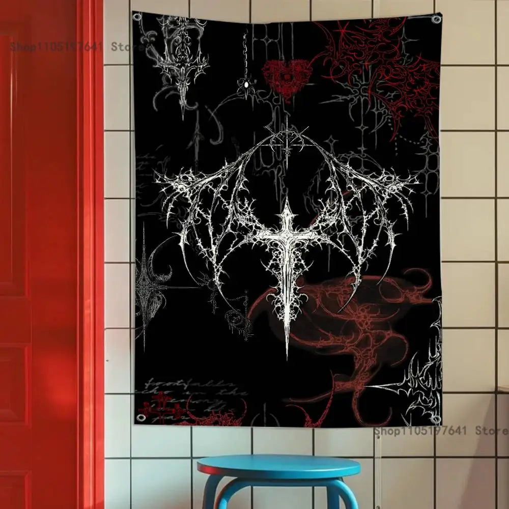 Gothic Cyber Sigil Cross Eyes Skull Flag Tapestry Banner For Bedroom Outdoor Living Room Restaurant Bar Wall Decor Party