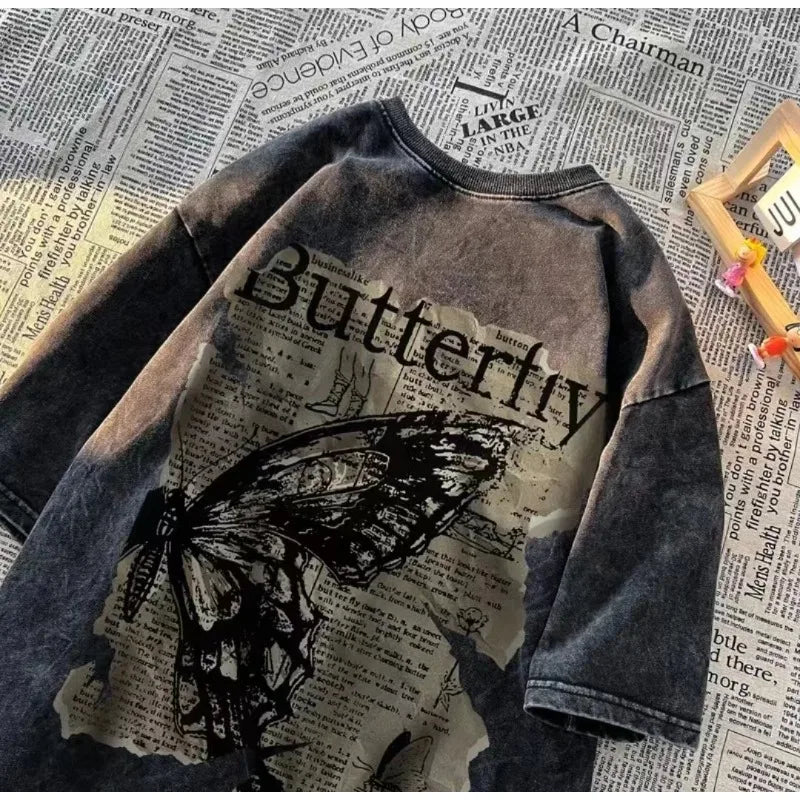 Vintage Washed Black Newspaper Butterfly Print T-Shirt Y2K "Butterfly" Letter Graphic Oversized Tee Casual Short Sleeve Shirt