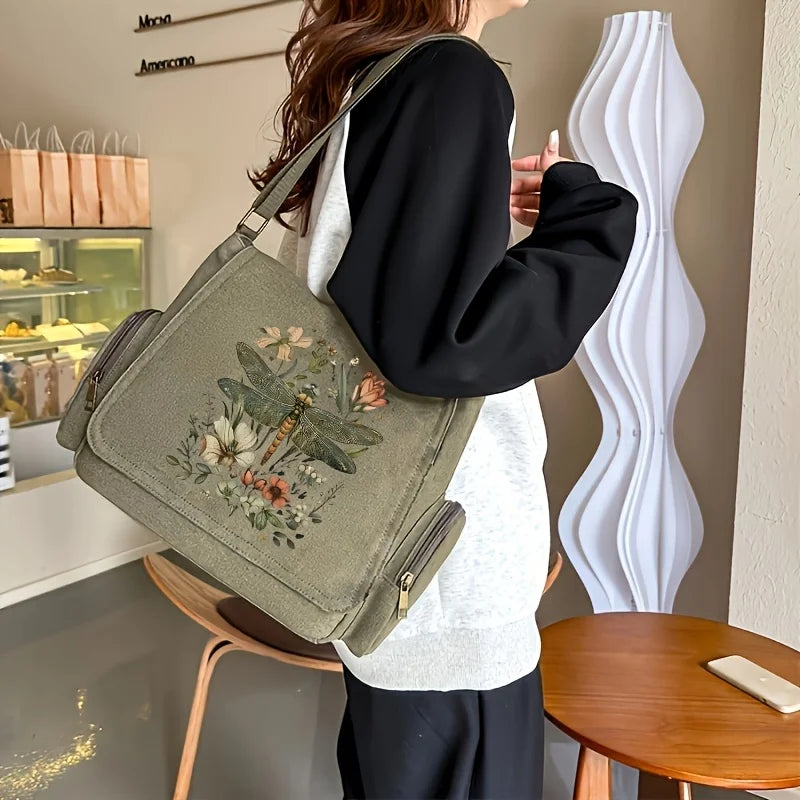 Stylish Artistic Dragonfly Print Women's Shoulder Bag Large Capacity Crossbody Messenger Bag For Women Commuting
