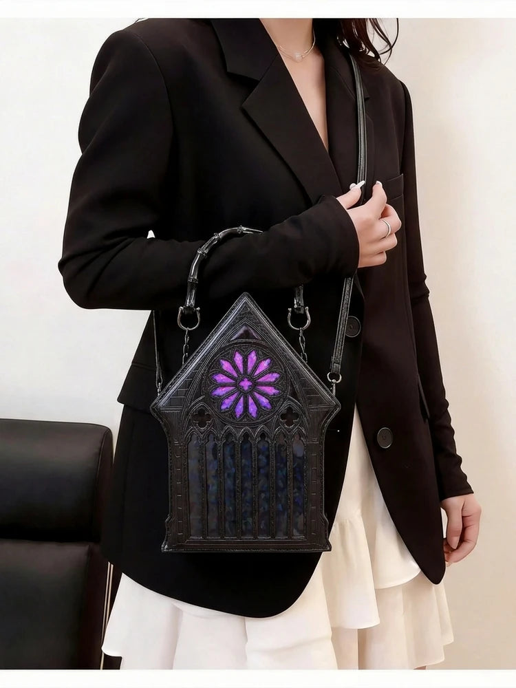 Niche Gothic Chapel Handbag for Women Unique Stained Glass Cathedral Tote Bag Bamboo Crossbody Bag for Dark Grunge Aesthetic