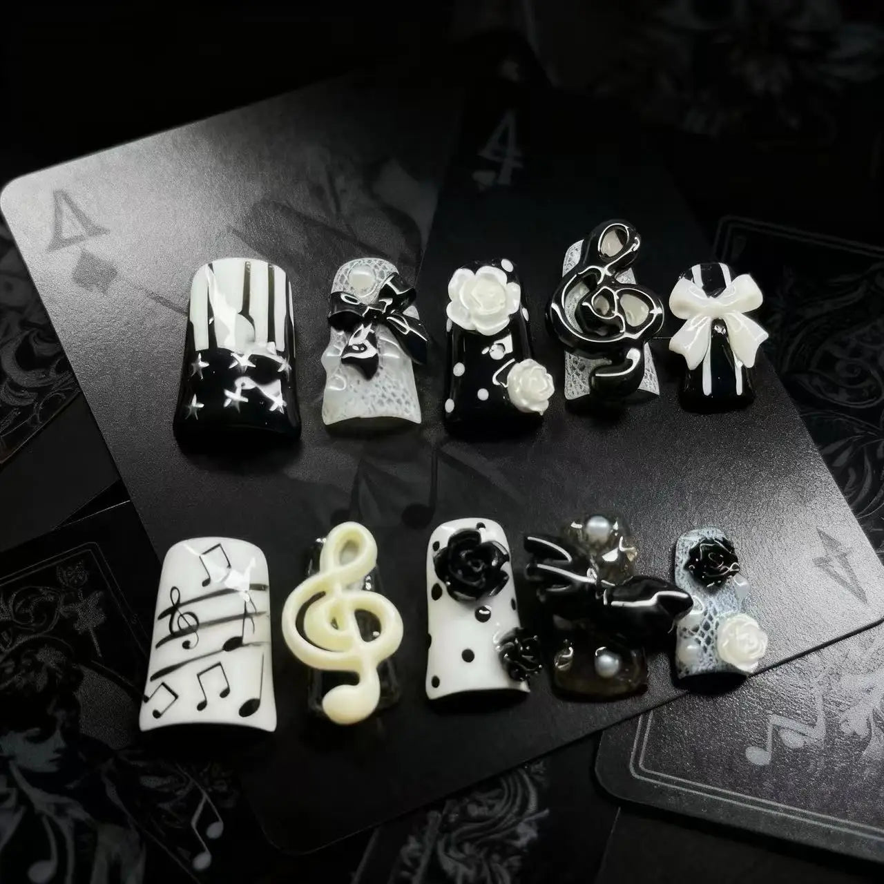 New 10pcs Handmade Gothic Press on Nails Punk Dark 3D Musical Note Design False Nails Fashion Duckbilled French Fake Nail Tips
