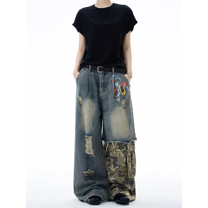 ZHIZOU Women Blue Gothic Baggy Y2k Jeans American Camouflage Ripped Jean Pants Vintage Harajuku Denim Trousers Clothes Spring