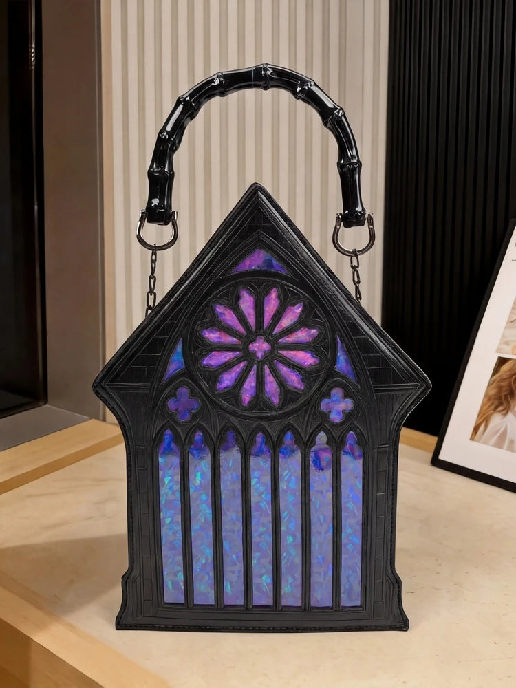 Niche Gothic Chapel Handbag for Women Unique Stained Glass Cathedral Tote Bag Bamboo Crossbody Bag for Dark Grunge Aesthetic