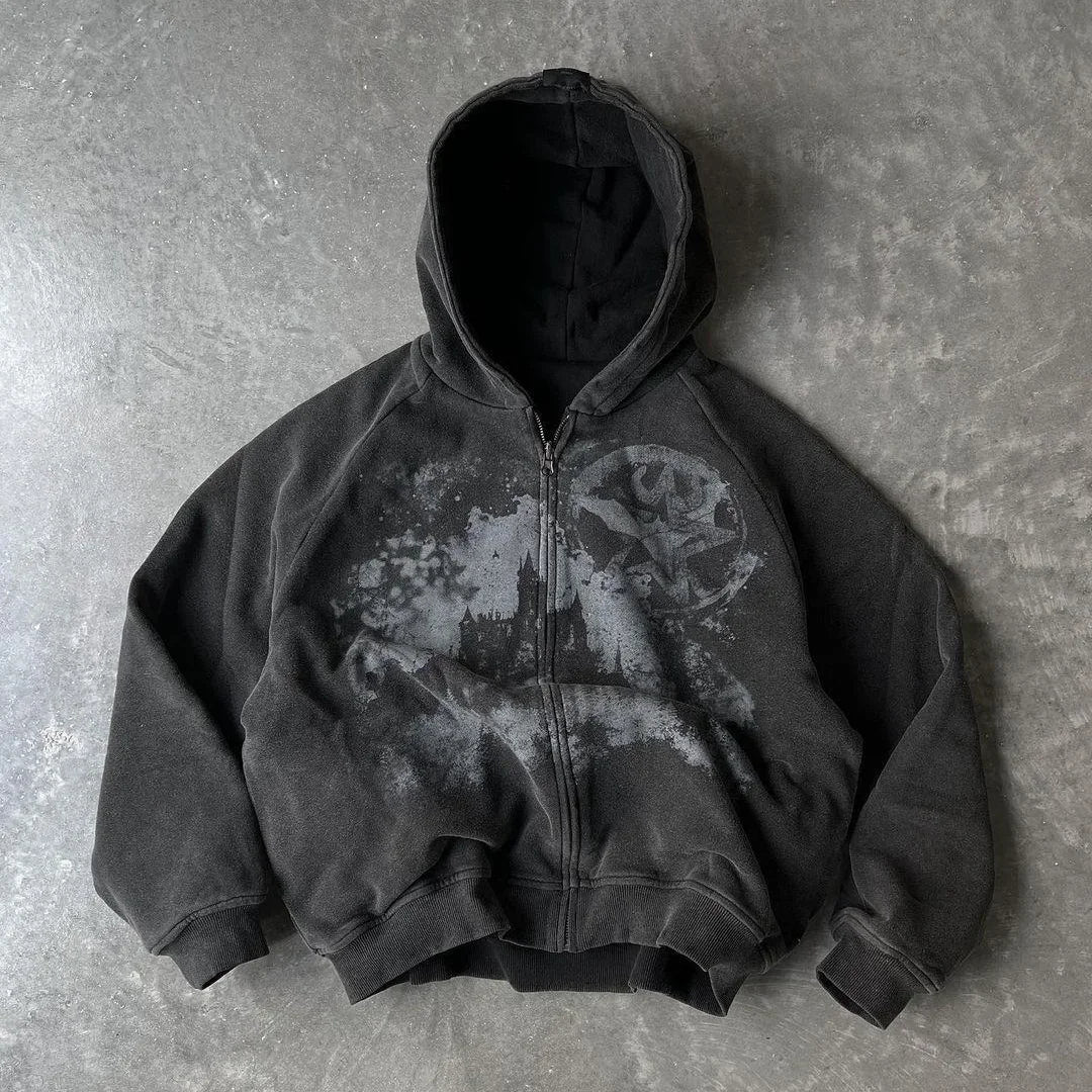Y2k Gothic Punk Style Printed Star Spot Embroidered Zipper Hoodie Men and Women Fashion Harajuku Retro Oversized Bat Sleeve Top