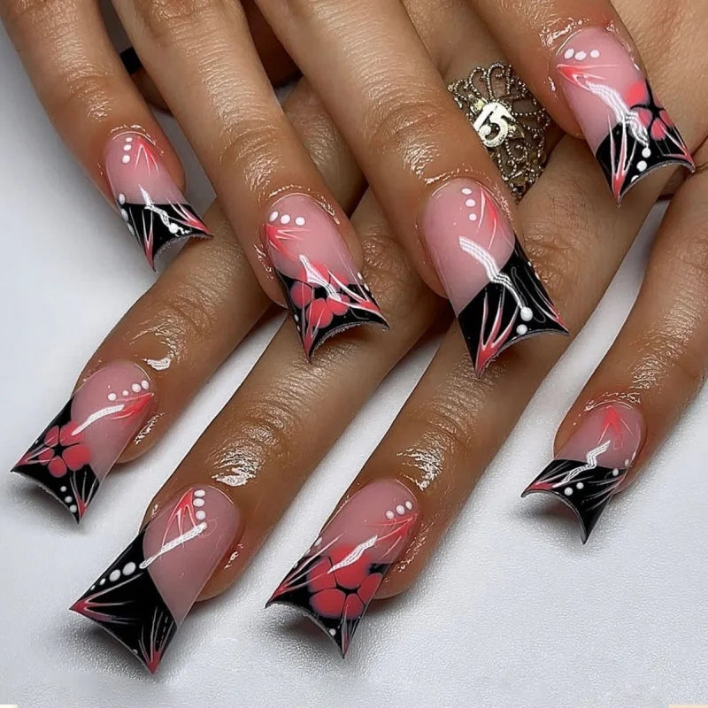 24Pcs Black and White Kitten Press on Nail False Nail Square Removable Handmade Wearable Nail Art for Women&Girl