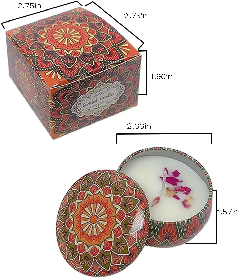 Small Mandala Scented Candle in Tin, 2.36in with Dried Flowers, for Home Decor, Relaxation & Gifting, 40-50H Burn Time