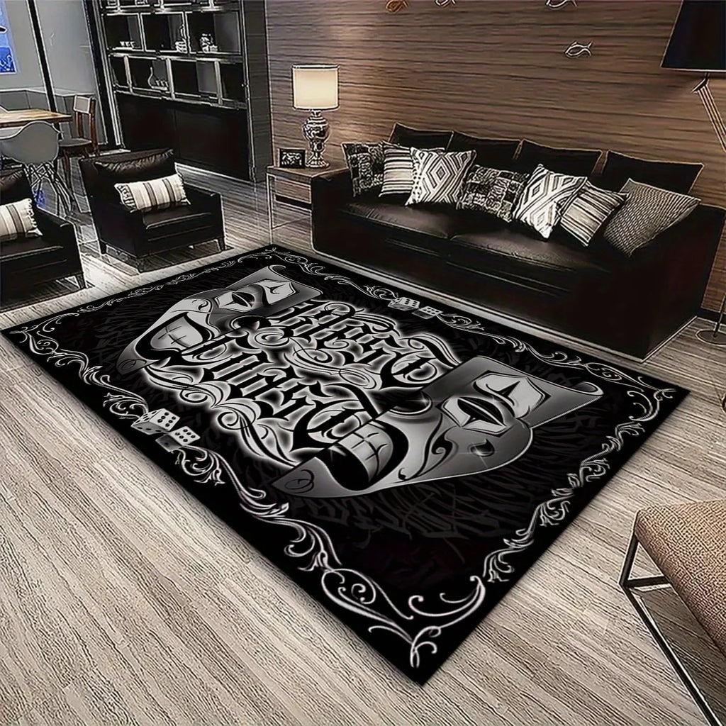Streetwear Tattoo Letter Rug, Black and White Gothic Non-Slip Floor Mat for Bedroom & Living Room, Chic Dark Home Decor Carpet